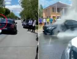 Спорткар Mercedes сгорел после трюка с истиранием покрышек. Видео