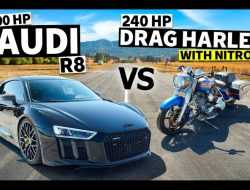 Гонку Audi R8 и  Harley Davidson с закисью азота показали на видео