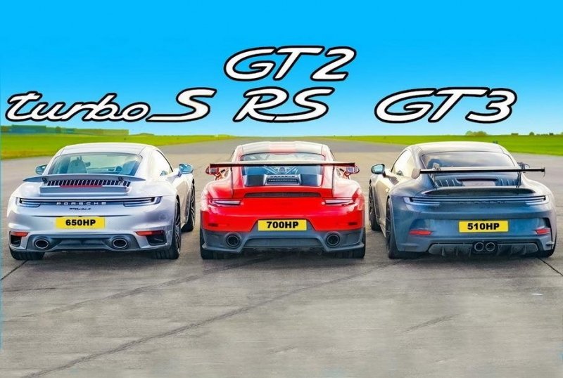 Дрэг-гонка Porsche 911: Turbo S против GT2 RS и GT3