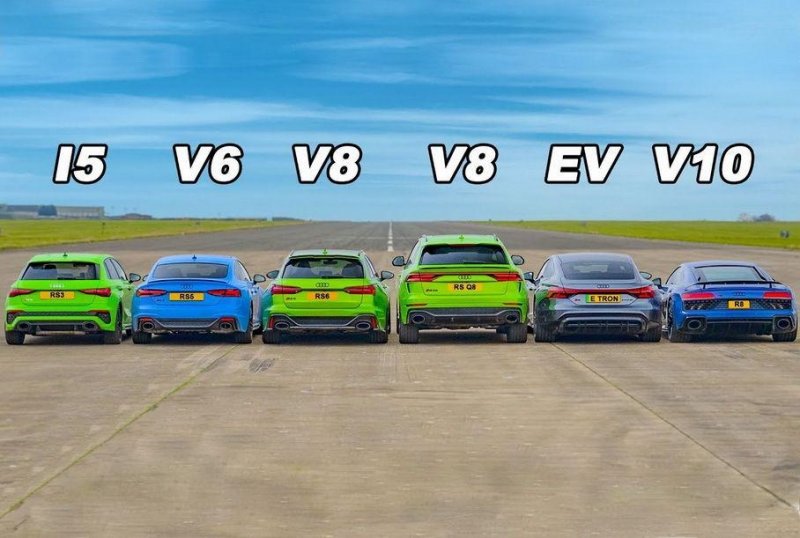 Дрэг-гонка Audi: RS 3, RS 5, RS 6 и RS Q8 против R8 и e-tron GT