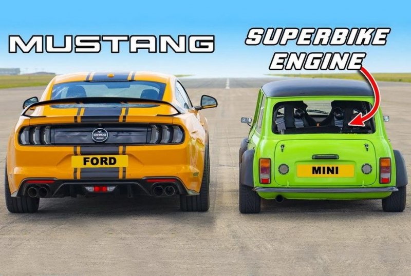 Дрэг-гонка: Ford Mustang GT против MINI с мотором от супербайка